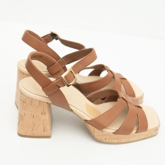 Paul Green Tina Cognac Leather Cork Block Heel Sandals Ankle Strap Sz 10 BNWB - Picture 3 of 11